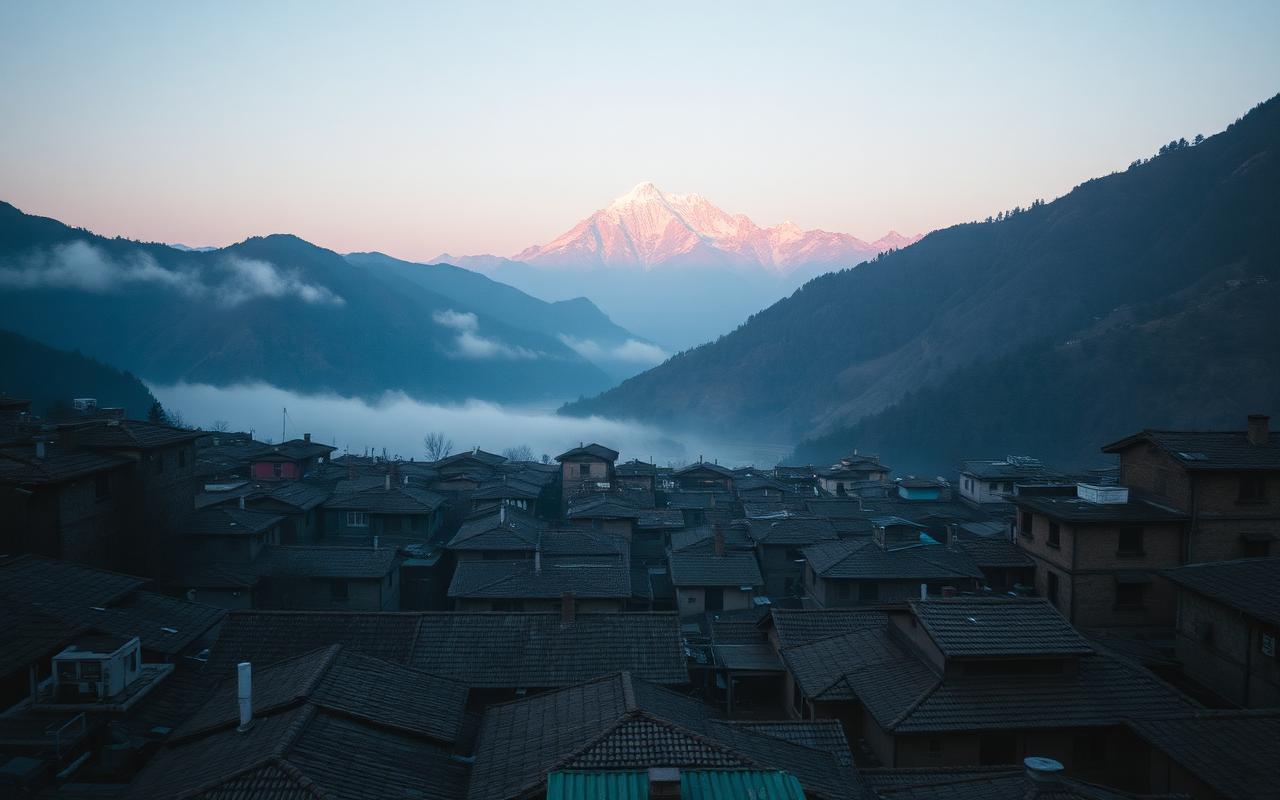 Karimabad rooftops with Ultar Sar at first light.