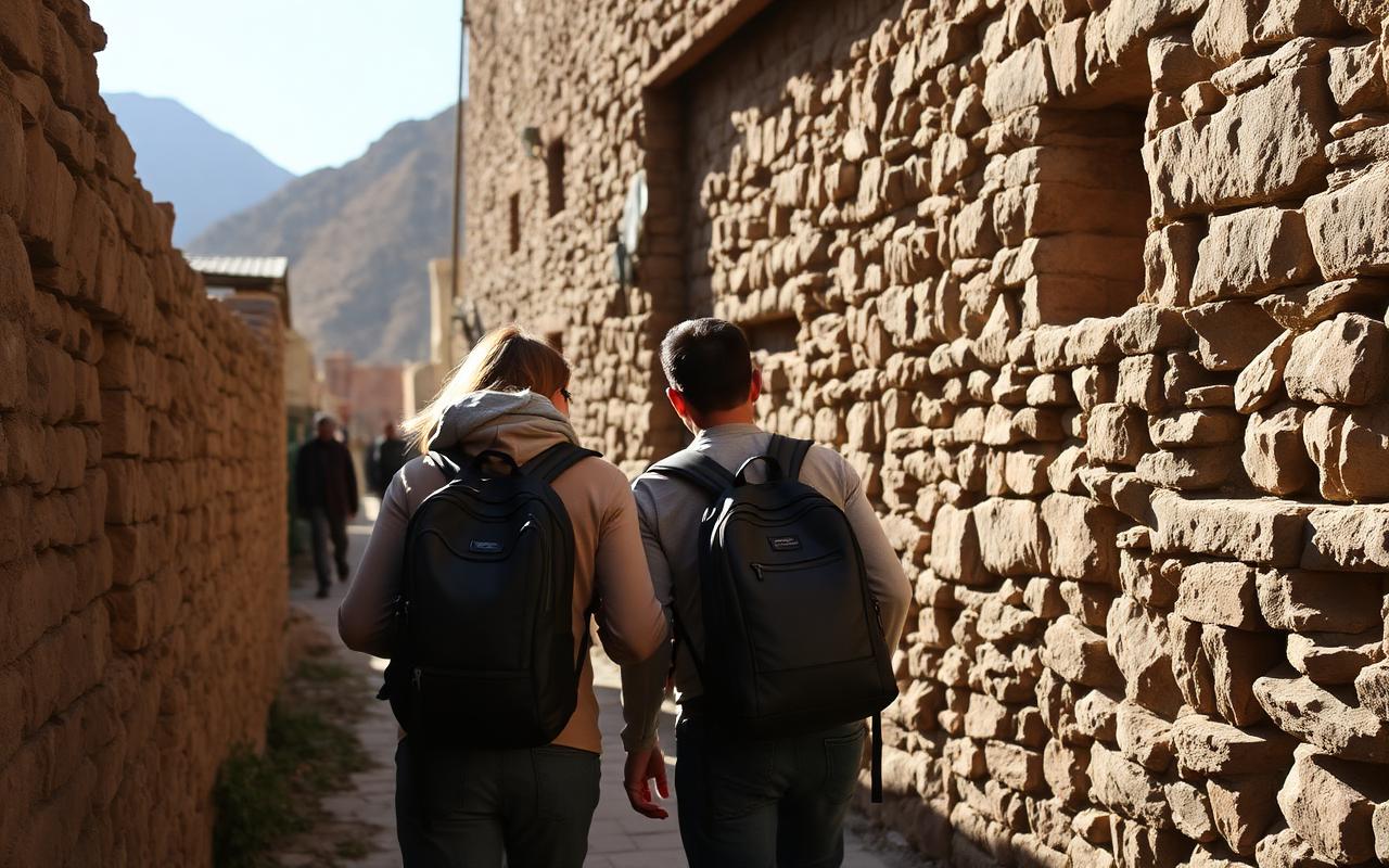 Foreign travellers walking through a Hunza village.